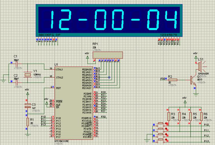 010基于单片机可调数字钟闹钟整点报时功能（包含Proteus仿真电路图+源码）