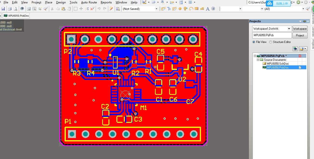 陀螺仪传感器MPU6050模块AD版原理图+PCB[2层]文件