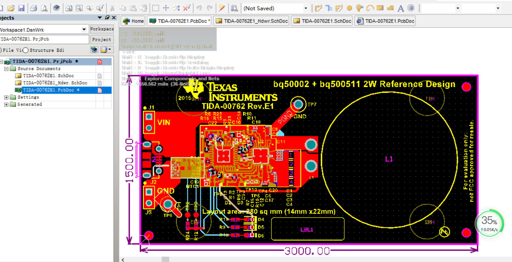 TI BQ500511 和 BQ50002 无线充电评估板ALTIUM硬件原理图+PCB（4层板）文