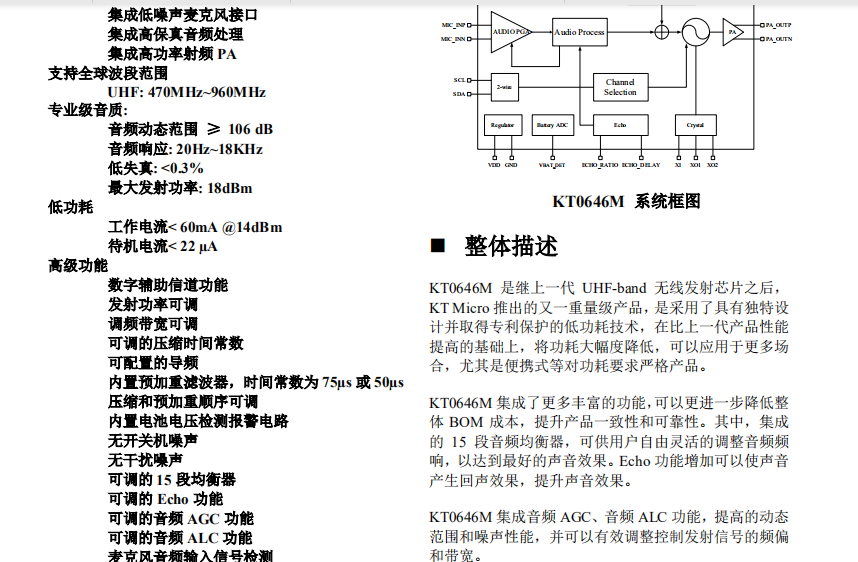 昆腾微电子KT0646M技术手册 中文DATASHEET