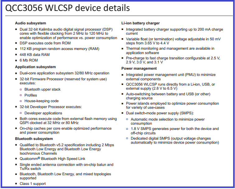 高通蓝牙芯片QCC3056详细规格书datasheet