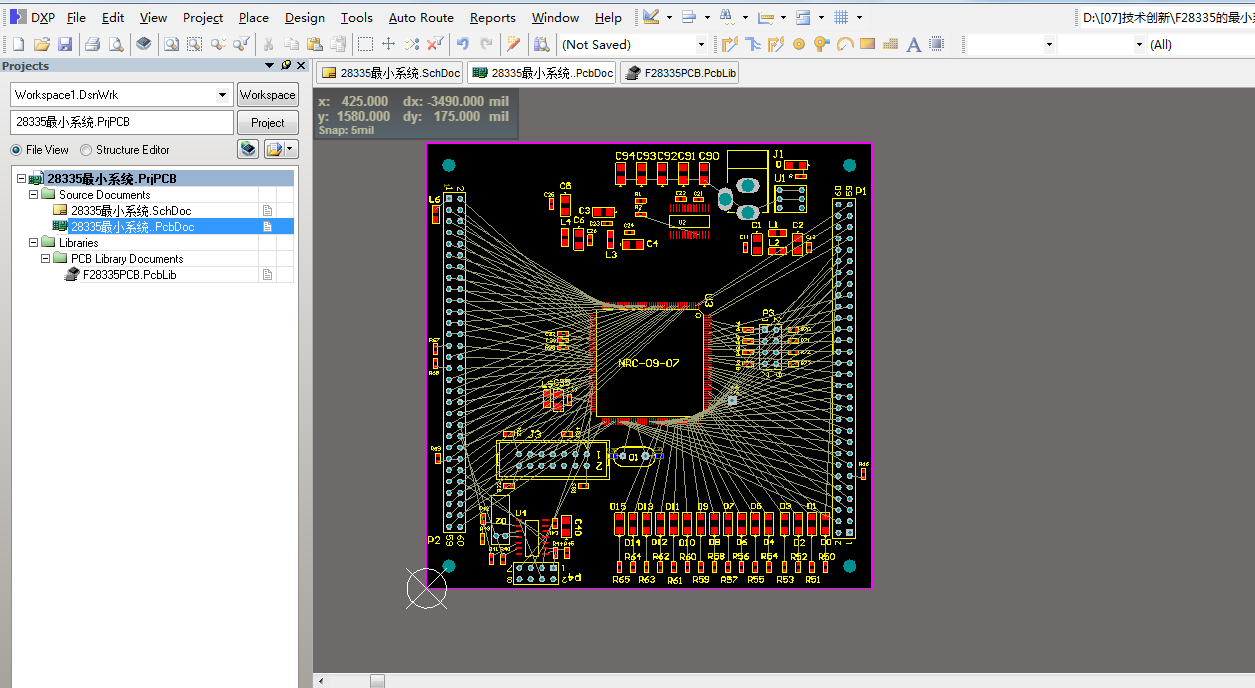 TMS320F28335 DSP最小系统ad设计原理图+PCB布局+封装文件