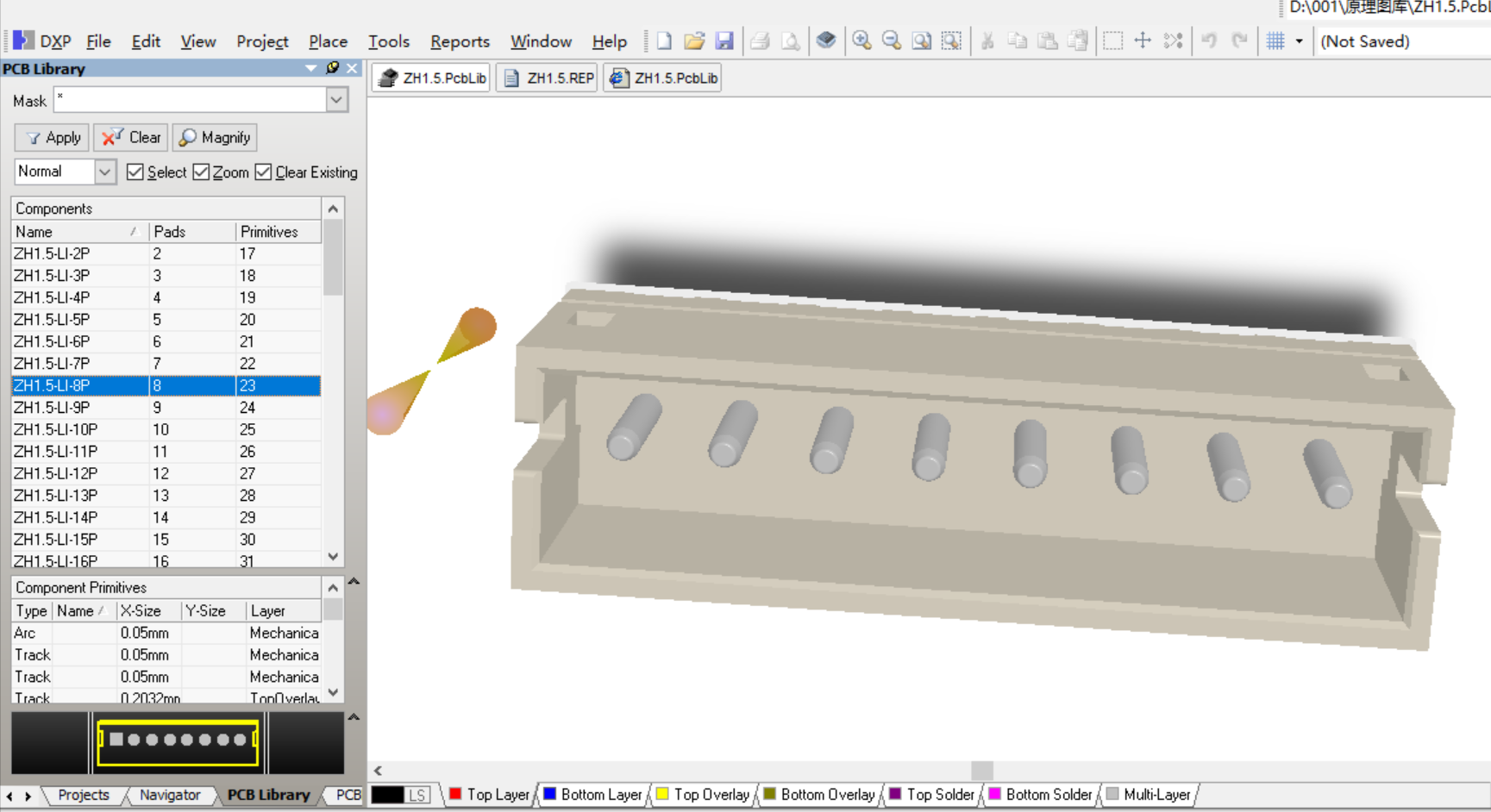 1.5mm间距接插件ZH1.5表贴直插 Altium PCB封装库2D3D元件库（3D视图库） 共6