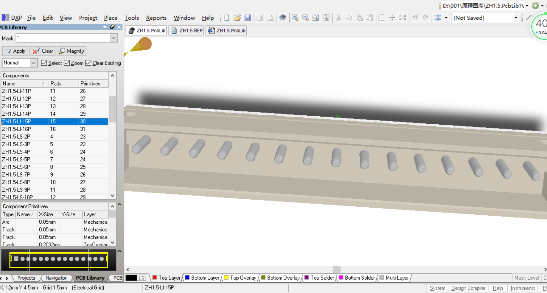 1.5mm间距接插件ZH1.5表贴直插 Altium PCB封装库2D3D元件库（3D视图库） 共6