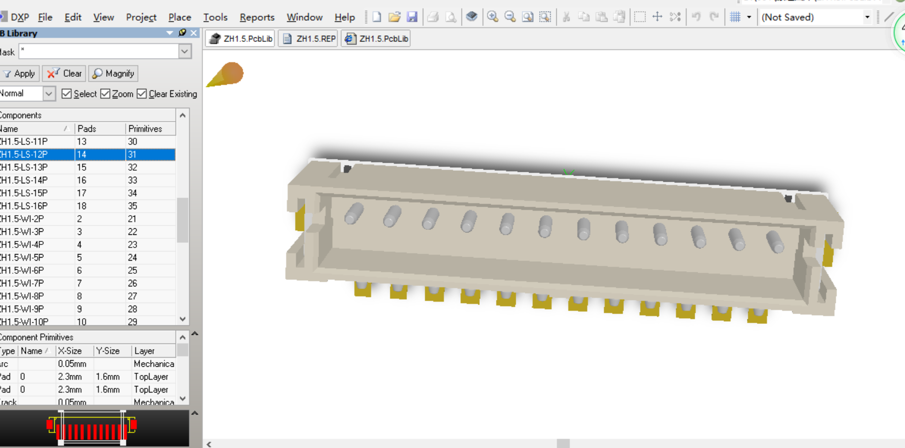 1.5mm间距接插件ZH1.5表贴直插 Altium PCB封装库2D3D元件库（3D视图库） 共6