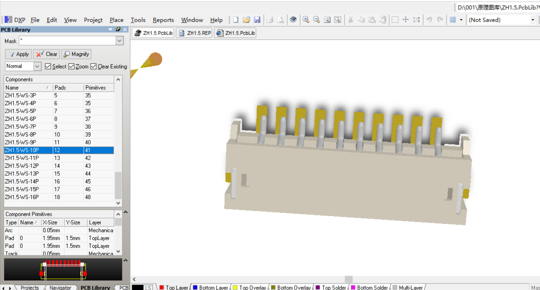 1.5mm间距接插件ZH1.5表贴直插 Altium PCB封装库2D3D元件库（3D视图库） 共6