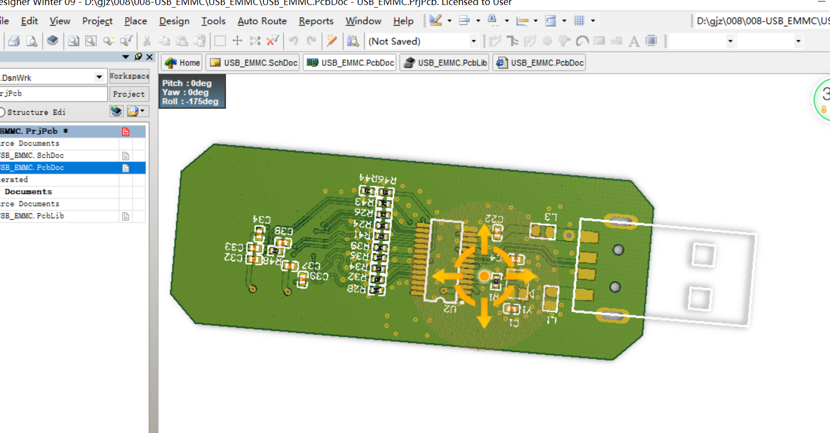 U盘设计 GL827L+THGBMHG6C1LBAIL(8GB emmc) AD原理图+PCB+封装