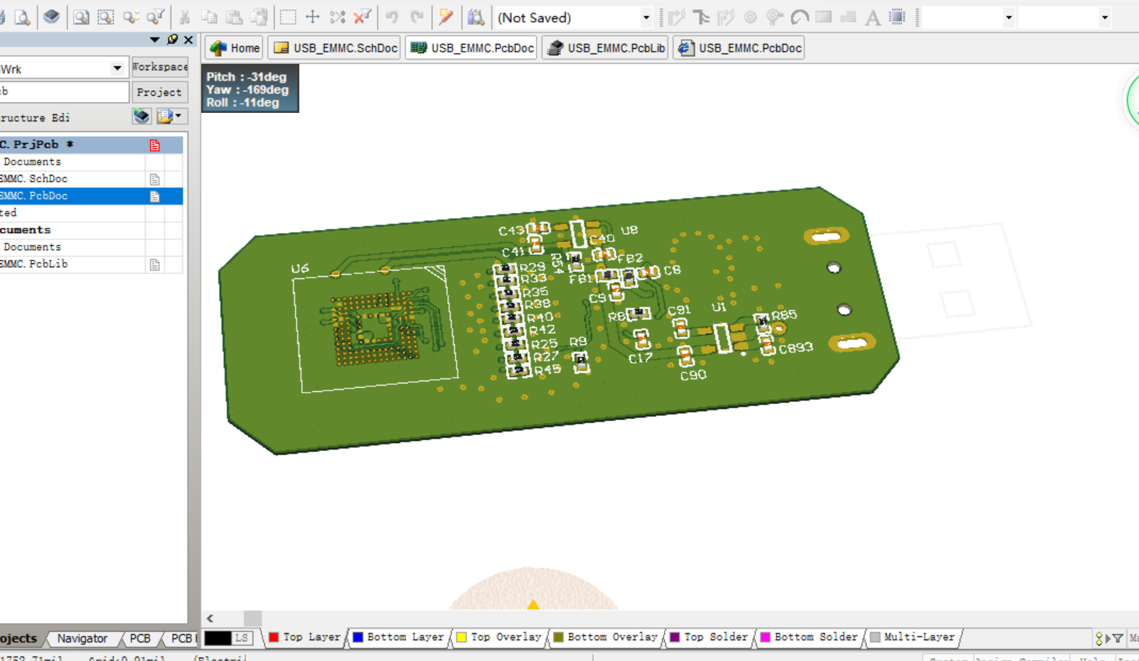 U盘设计 GL827L+THGBMHG6C1LBAIL(8GB emmc) AD原理图+PCB+封装