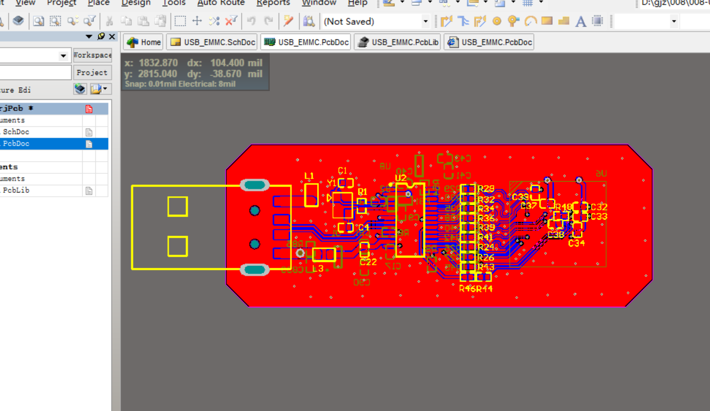 U盘设计 GL827L+THGBMHG6C1LBAIL(8GB emmc) AD原理图+PCB+封装