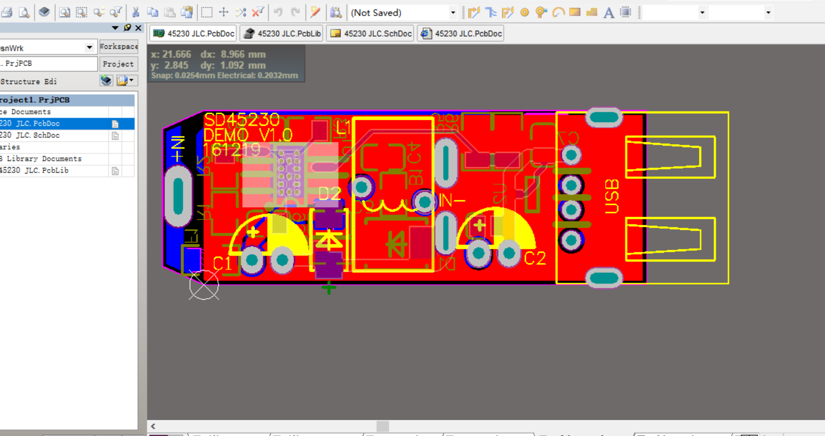 SD45230 USB智能识别车载充电器AD设计原理图+PCB+封装库文件