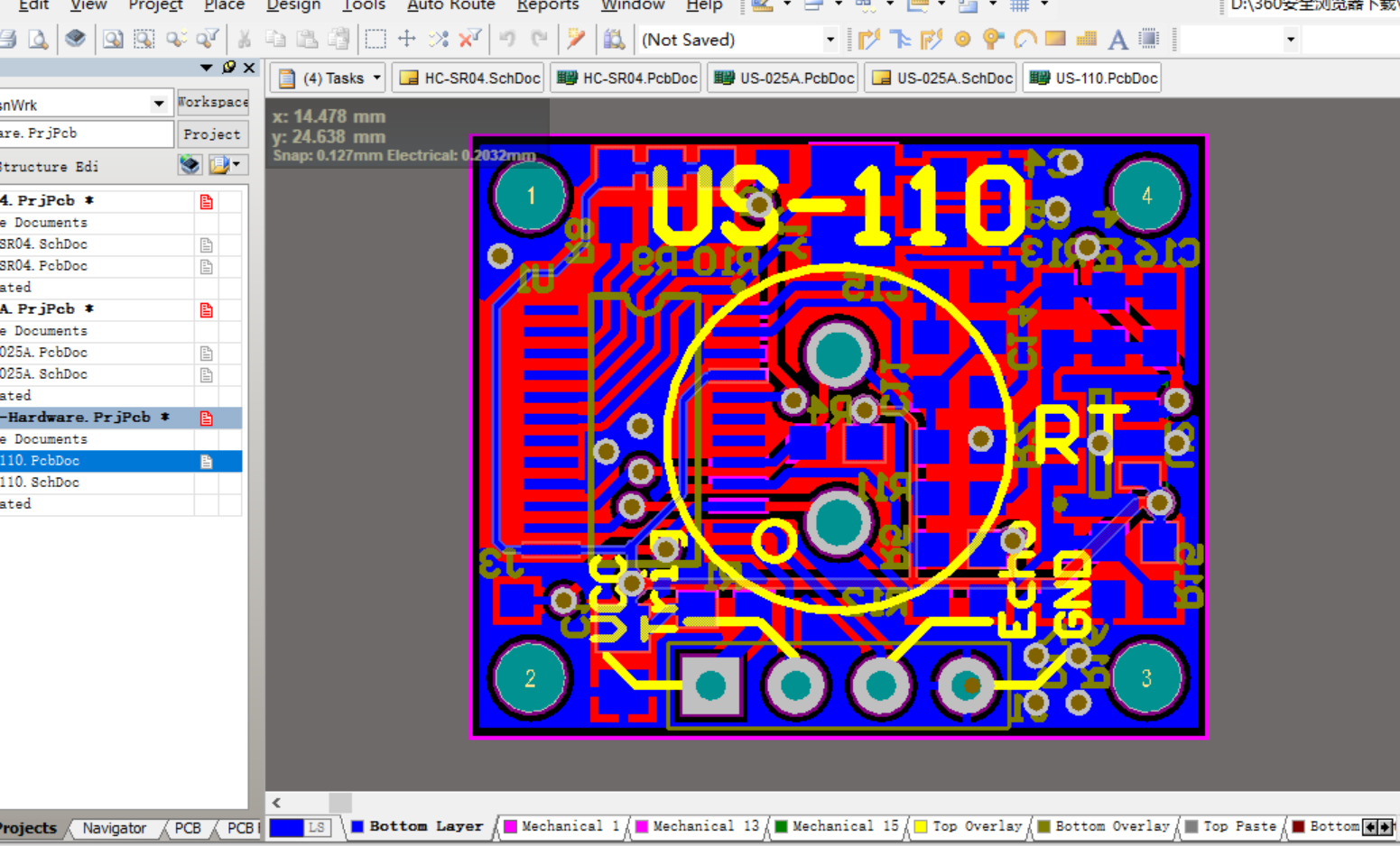 US-110超声波测距模块ALTIUM设计硬件原理图+PCB工程文件+CS100A-CS102等相关