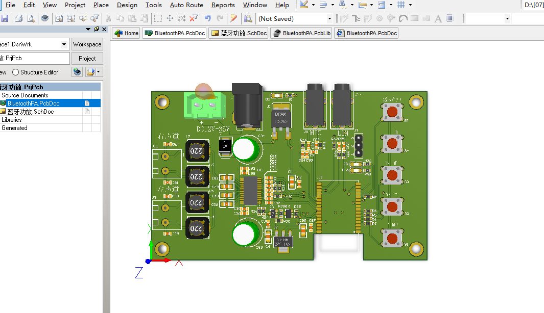 基于蓝牙接收模块的TPA3110音频功放板ALTIUM 设计硬件原理图+PCB+封装库文件