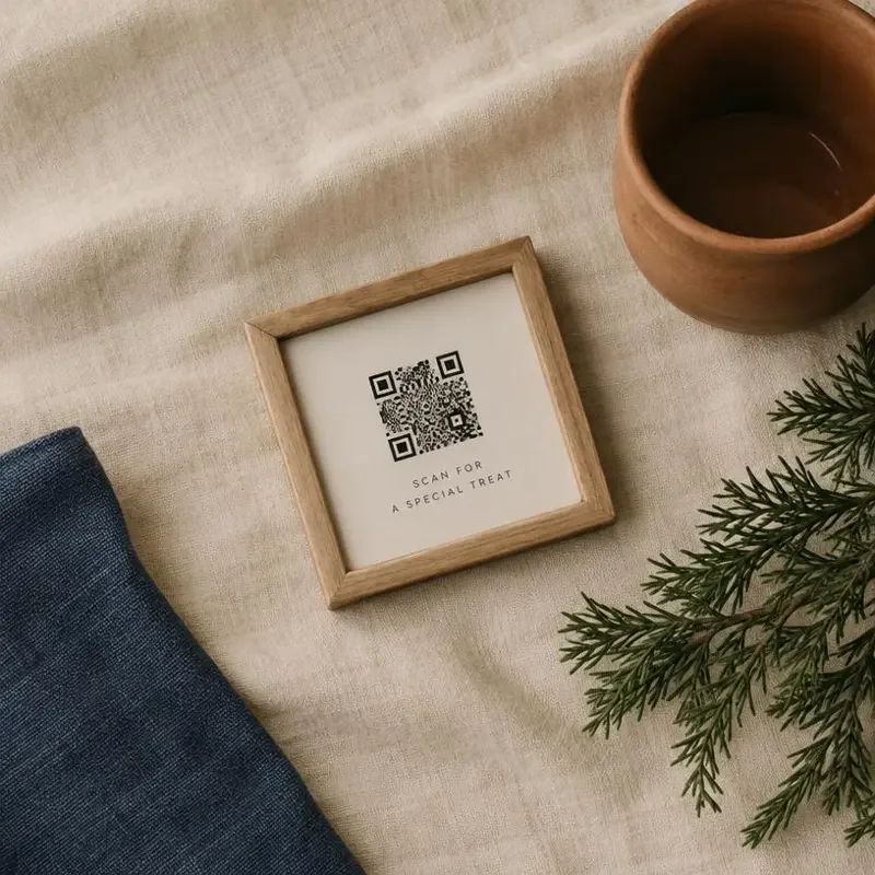 黄桃短剧app下载二维码场景:米白布面上的二维码卡片与靛蓝布样
